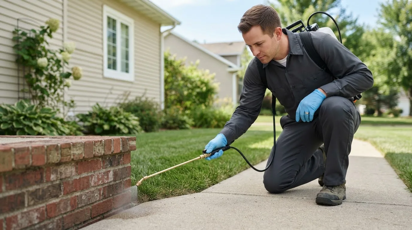 Pest control technician treating a home near La Motte, IA