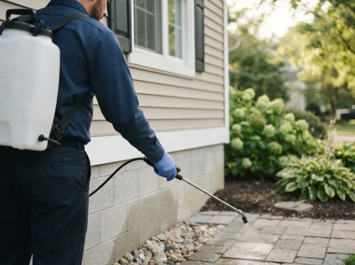 Pest control technician inspecting a home in La Motte, IA
